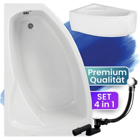 Badewanne Eckbadewanne 160x105 Links mit AcrylSchürze, Ablaufgarnitur & Füßen GRATIS - Komplettset 4in1 Original Acryl Wanne Siphon - BADLAND FRIDA