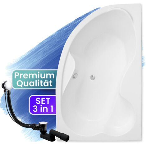 Badewanne Eckbadewanne 160x105 Rechts, Ablaufgarnitur & Füßen GRATIS - Komplettset 3in1 Original Acryl Wanne Premium Siphon - BADLAND MEGA
