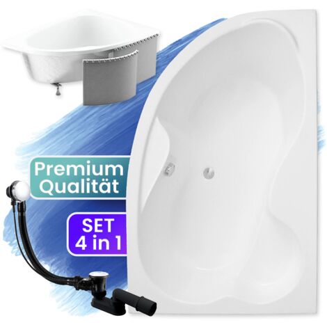 Badewanne Eckbadewanne 160x105 Rechts mit Styroporverkleidung, Ablauf & Füße GRATIS - Komplettset 4in1 Original Acryl Wanne Siphon - BADLAND MEGA