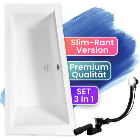 Badewanne Eckbadewanne 160x90 Links, Ablaufgarnitur & Füßen GRATIS - Komplettset 3in1 Original Acryl Wanne Premium Siphon - BADLAND INTIMA SLIM