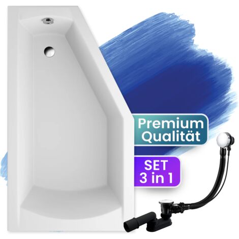 Badewanne Eckbadewanne 160x90 Links, Ablaufgarnitur & Füßen GRATIS - Komplettset 3in1 Original Acryl Wanne Premium Siphon - BADLAND SELENA