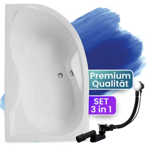 Badewanne Eckbadewanne 170x110 Links, Ablaufgarnitur & Füßen GRATIS - Komplettset 3in1 Original Acryl Wanne Premium Siphon - Made in EU - BADLAND DORA