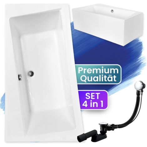 Badewanne Eckbadewanne 170x110 Links mit AcrylSchürze, Ablaufgarnitur & Füßen GRATIS - Komplettset 4in1 Original Acryl Wanne Siphon - BADLAND INFINITY