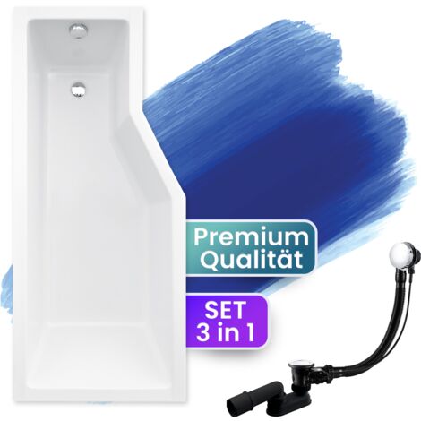 Badewanne Eckbadewanne 170x75 Links, Ablaufgarnitur & Füßen GRATIS - Komplettset 3in1 Original Acryl Wanne Premium Siphon - BADLAND INTEGRA