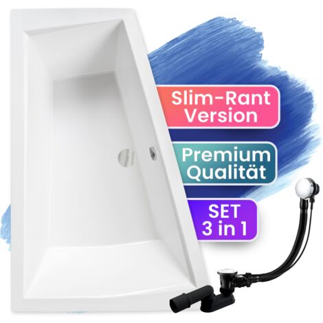 Badewanne Eckbadewanne 180x125 Links, Ablaufgarnitur & Füßen GRATIS - Komplettset 3in1 Original Acryl Wanne Siphon - BADLAND INTIMA SLIM