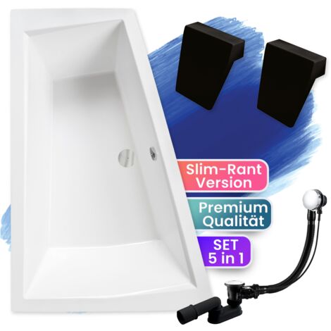 Badewanne Eckbadewanne 180x125 Links, Ablaufgarnitur & Füßen GRATIS - Komplettset 3in1 Original Acryl Wanne Siphon - BADLAND INTIMA SLIM
