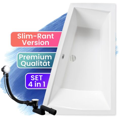 Badewanne Eckbadewanne 180x125 Rechts, Ablaufgarnitur & Füßen GRATIS - Komplettset 3in1 Original Acryl Wanne Siphon - BADLAND INTIMA SLIM