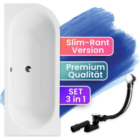 Badewanne Eckbadewanne 180x80 Links, Ablaufgarnitur & Füßen GRATIS - Komplettset 3in1 Original Acryl Wanne Premium Siphon - BADLAND AVITA SLIM