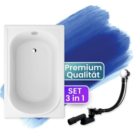 Badewanne Rechteck 100x65, Ablaufgarnitur & Füßen GRATIS - Komplettset 3in1 Original Acryl Wanne Premium Siphon - Made in EU - BADLAND MINI