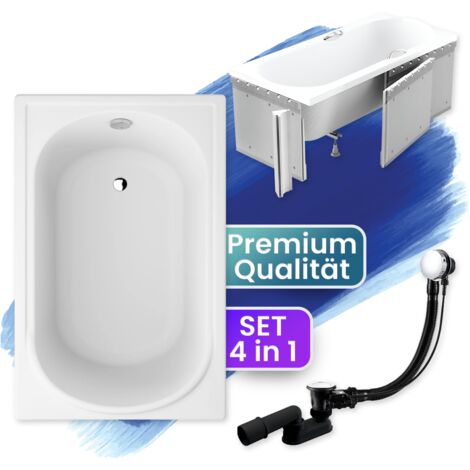 Badewanne Rechteck 100x65  mit Styroporverkleidung, Ablaufgarnitur & Füßen GRATIS - Komplettset 4in1 Original Acryl Wanne Siphon - BADLAND MINI