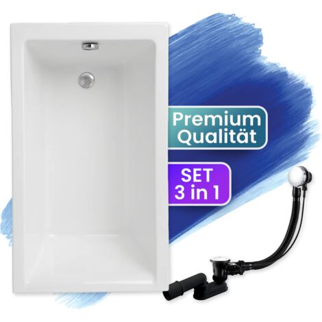 Badewanne Rechteck 100x70, Ablaufgarnitur & Füßen GRATIS - Komplettset 3in1 Original Acryl Wanne Premium Siphon - Made in EU - BADLAND CAPRI
