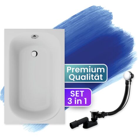 Badewanne Rechteck 110x70, Ablaufgarnitur & Füßen GRATIS - Komplettset 3in1 Original Acryl Wanne Premium Siphon - Made in EU - BADLAND MINI