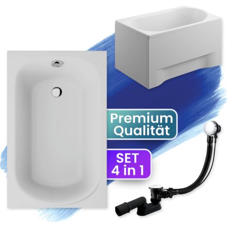 Badewanne Rechteck 110x70 mit AcrylSchürze, Ablaufgarnitur & Füßen GRATIS - Komplettset 4in1 Original Acryl Wanne Siphon - BADLAND MINI