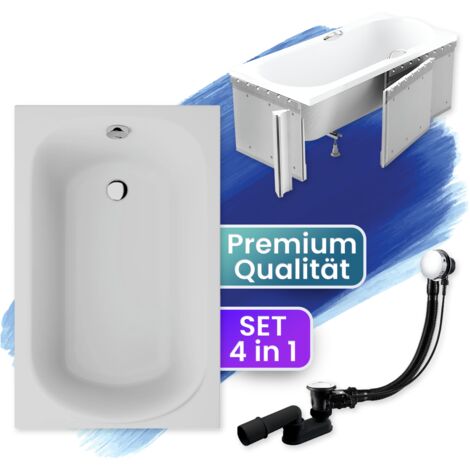 Badewanne Rechteck 110x70  mit Styroporverkleidung, Ablaufgarnitur & Füßen GRATIS - Komplettset 4in1 Original Acryl Wanne Siphon - BADLAND MINI