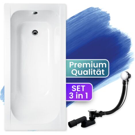 Badewanne Rechteck 140x70, Ablaufgarnitur & Füßen GRATIS - Komplettset 3in1 Original Acryl Wanne Premium Siphon - Made in EU - BADLAND CONTINEA