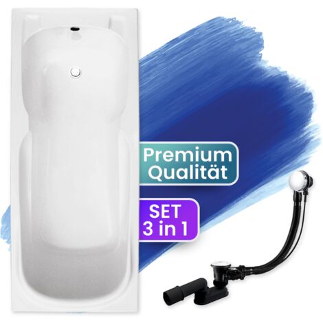 Badewanne Rechteck 140x70, Ablaufgarnitur & Füßen GRATIS - Komplettset 3in1 Original Acryl Wanne Premium Siphon - Made in EU - BADLAND MAJKA