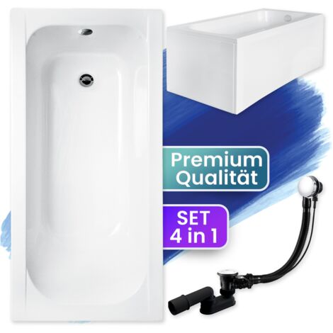 Badewanne Rechteck 140x70 mit AcrylSchürze, Ablaufgarnitur & Füßen GRATIS - Komplettset 4in1 Original Acryl Wanne Siphon - BADLAND CONTINEA