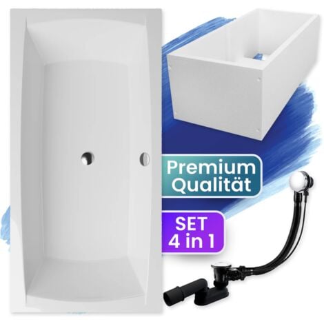 Badewanne Rechteck 140x70  mit Wannenträger, Ablaufgarnitur & Füßen GRATIS - Komplettset 4in1 Original Acryl Wanne Siphon - BADLAND APRI
