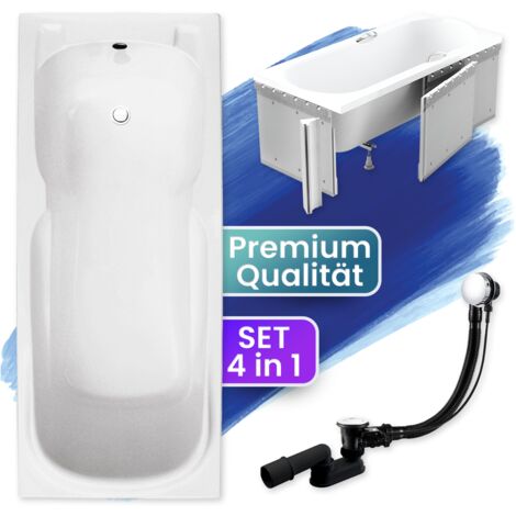 Badewanne Rechteck 150x70  mit Styroporverkleidung, Ablaufgarnitur & Füßen GRATIS - Komplettset 4in1 Original Acryl Wanne Siphon - BADLAND MAJKA
