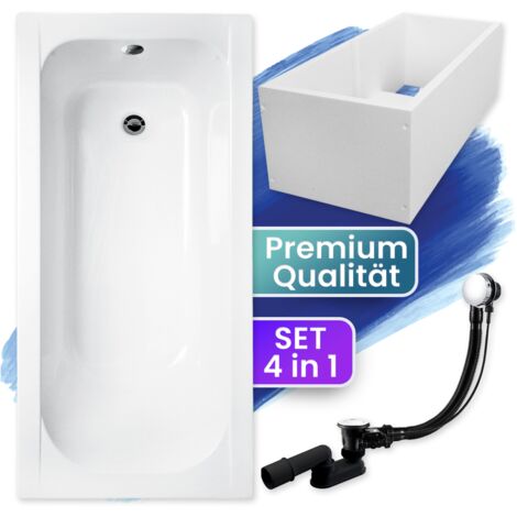 Badewanne Rechteck 150x70  mit Wannenträger, Ablaufgarnitur & Füßen GRATIS - Komplettset 4in1 Original Acryl Wanne Siphon - BADLAND CONTINEA