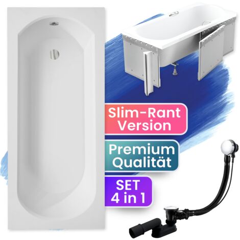 Badewanne Rechteck 150x75  mit Styroporverkleidung, Ablauf & Füße GRATIS - Komplettset 4in1 Original Acryl Wanne Siphon - BADLAND INTRICA SLIM