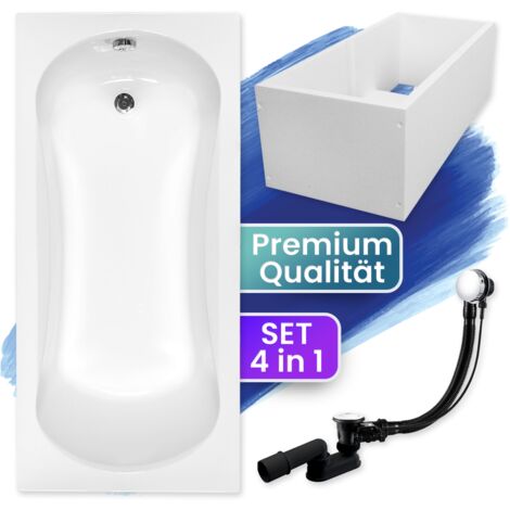 Badewanne Rechteck 160x70  mit Wannenträger, Ablaufgarnitur & Füßen GRATIS - Komplettset 4in1 Original Acryl Wanne Siphon - BADLAND ARIA