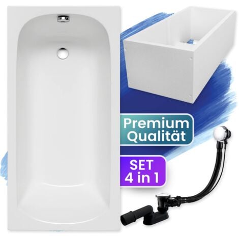 Badewanne Rechteck 160x70  mit Wannenträger, Ablaufgarnitur & Füßen GRATIS - Komplettset 4in1 Original Acryl Wanne Siphon - BADLAND CLASSIC