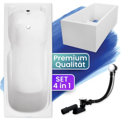 Badewanne Rechteck 160x70  mit Wannenträger, Ablaufgarnitur & Füßen GRATIS - Komplettset 4in1 Original Acryl Wanne Siphon - BADLAND MAJKA