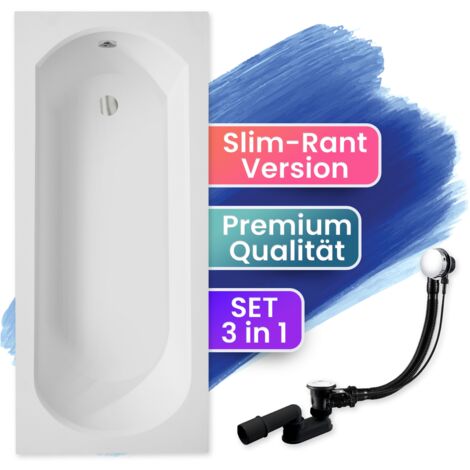 Badewanne Rechteck 160x75, Ablaufgarnitur & Füßen GRATIS - Komplettset 3in1 Original Acryl Wanne Premium Siphon - Made in EU - BADLAND INTRICA SLIM