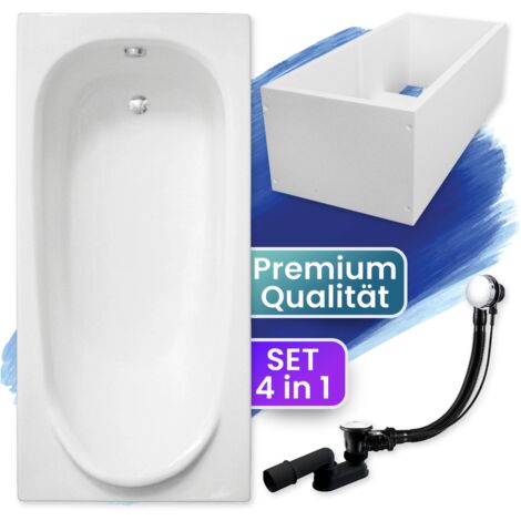 Badewanne Rechteck 160x75  mit Wannenträger, Ablaufgarnitur & Füßen GRATIS - Komplettset 4in1 Original Acryl Wanne Siphon - BADLAND MEDIUM