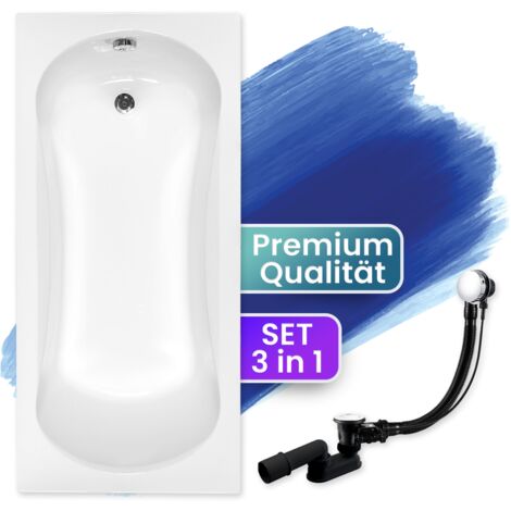 Badewanne Rechteck 170x70, Ablaufgarnitur & Füßen GRATIS - Komplettset 3in1 Original Acryl Wanne Premium Siphon - Made in EU - BADLAND ARIA