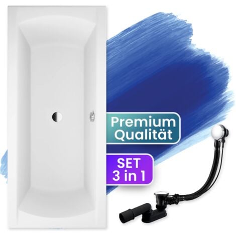 Badewanne Rechteck 170x75, Ablaufgarnitur & Füßen GRATIS - Komplettset 3in1 Original Acryl Wanne Premium Siphon - Made in EU - BADLAND INES