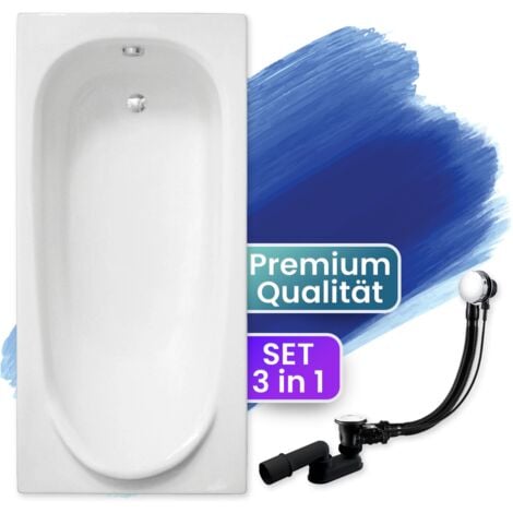 Badewanne Rechteck 170x75, Ablaufgarnitur & Füßen GRATIS - Komplettset 3in1 Original Acryl Wanne Premium Siphon - Made in EU - BADLAND MEDIUM