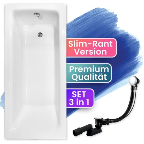 Badewanne Rechteck 170x75, Ablaufgarnitur & Füßen GRATIS - Komplettset 3in1 Original Acryl Wanne Premium Siphon - Made in EU - BADLAND TALIA SLIM