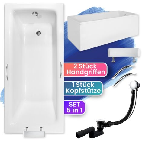 Badewanne Rechteck 170x75 mit AcrylSchürze + Handgriffen + Kopfstütze, Ablauf & Füße GRATIS - Komplettset 6in1 Acryl Wanne - BADLAND TALIA PREMIUM