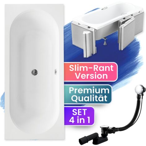 Badewanne Rechteck 170x75  mit Styroporverkleidung (Ablage 4cm), Ablauf & Füße GRATIS - Komplettset 4in1 Original Acryl Wanne - BADLAND VITAE SLIM