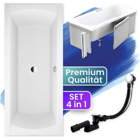 Badewanne Rechteck 170x75  mit Styroporverkleidung, Ablaufgarnitur & Füßen GRATIS - Komplettset 4in1 Original Acryl Wanne Siphon - BADLAND INES
