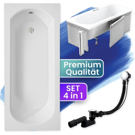Badewanne Rechteck 170x75  mit Styroporverkleidung, Ablaufgarnitur & Füßen GRATIS - Komplettset 4in1 Original Acryl Wanne Siphon - BADLAND INTRICA