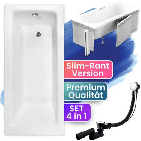 Badewanne Rechteck 170x75  mit Styroporverkleidung, Ablaufgarnitur & Füßen GRATIS - Komplettset 4in1 Original Acryl Wanne Siphon - BADLAND TALIA SLIM
