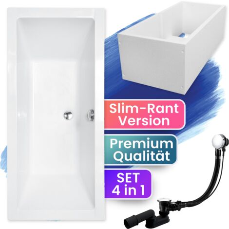 Badewanne Rechteck 170x75  mit Wannenträger, Ablaufgarnitur & Füßen GRATIS - Komplettset 4in1 Original Acryl Wanne Siphon - BADLAND QUADRO SLIM