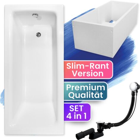Badewanne Rechteck 170x75  mit Wannenträger, Ablaufgarnitur & Füßen GRATIS - Komplettset 4in1 Original Acryl Wanne Siphon - BADLAND TALIA SLIM