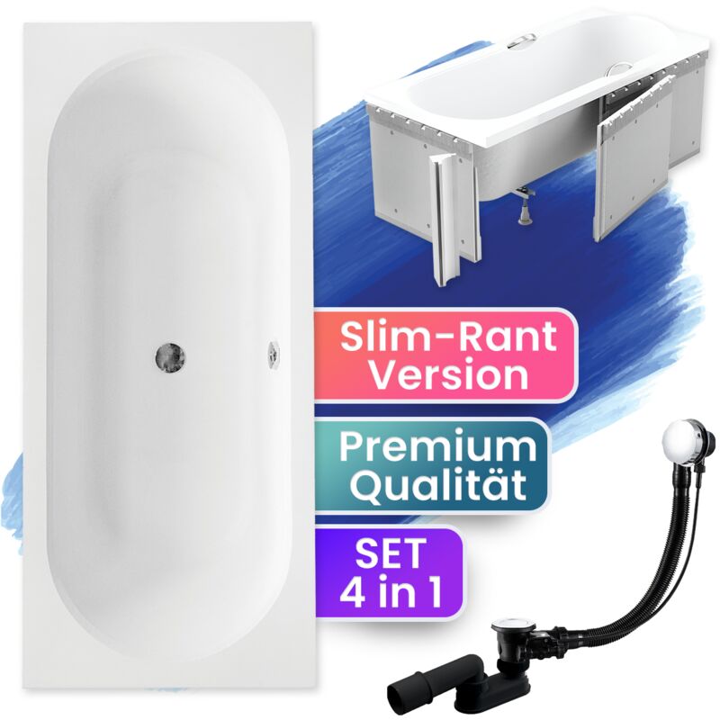Badland - Badewanne Rechteck 180x80 Mit Styroporverkleidung, Ablaufgarnitur & Füßen Gratis - Komplettset 4in1 Original Acryl Wanne Siphon Vitae Slim
