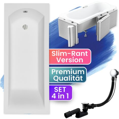 Badewanne Rechteck 180x80  mit Styroporverkleidung (Ablage 4cm), Ablauf & Füße GRATIS - Komplettset 4in1 Original Acryl Wanne - BADLAND SHEA SLIM