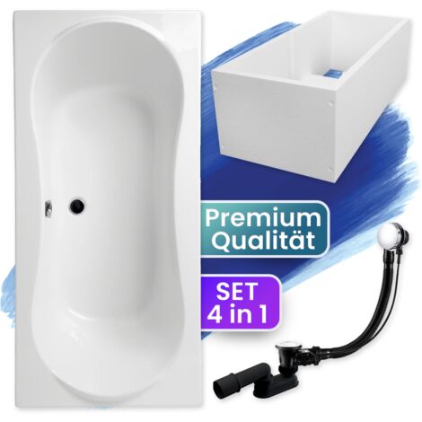 Badewanne Rechteck 180x80  mit Wannenträger, Ablaufgarnitur & Füßen GRATIS - Komplettset 4in1 Original Acryl Wanne Siphon - BADLAND LONG