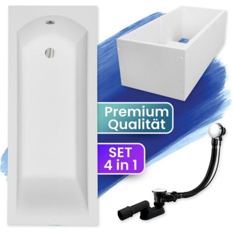 Badewanne Rechteck 180x80  mit Wannenträger, Ablaufgarnitur & Füßen GRATIS - Komplettset 4in1 Original Acryl Wanne Siphon - BADLAND SHEA