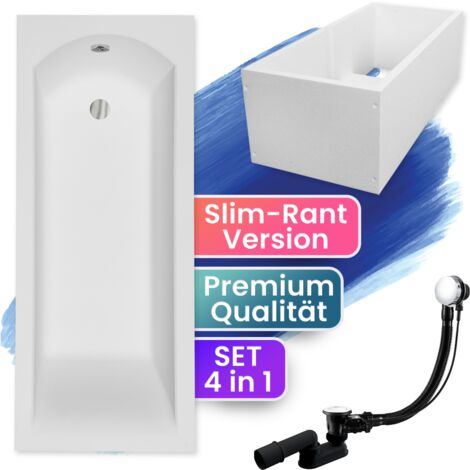 Badewanne Rechteck 180x80  mit Wannenträger, Ablaufgarnitur & Füßen GRATIS - Komplettset 4in1 Original Acryl Wanne Siphon - BADLAND SHEA SLIM