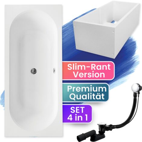 Badewanne Rechteck 180x80  mit Wannenträger, Ablaufgarnitur & Füßen GRATIS - Komplettset 4in1 Original Acryl Wanne Siphon - BADLAND VITAE SLIM