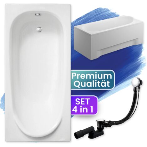 Badewanne Rechteck 190x80  mit AcrylSchürze, Ablaufgarnitur & Füßen GRATIS - Komplettset 4in1 Original Acryl Wanne Siphon - BADLAND MEDIUM