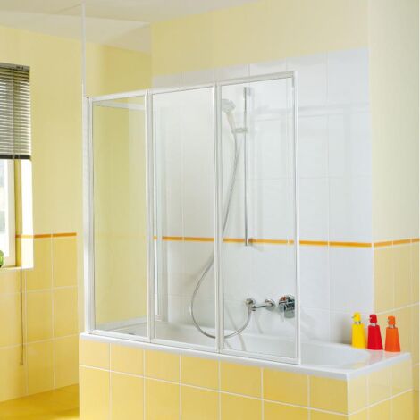 Badewannen-Faltwand, 140 cm x 140 cm, 3-tlg., Profil weiss, Klarglas - Made in Germany