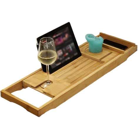 Badewannenablage aus Bambus-Holz - Ausziehbar mit Glashalter, Tablet-Halter & Handyfach